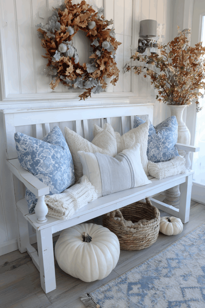 Farmhouse Bench with Blue Throw Pillows and Autumn Decorations
