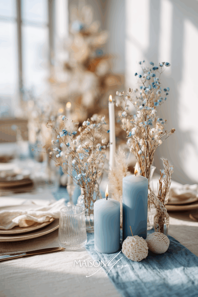 Scandinavian christmas table setting with white linen, dried blue and white flowers, baby blue candles