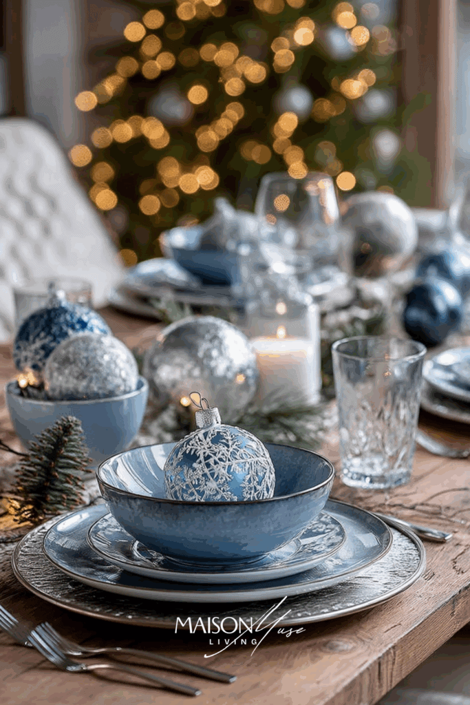Blue and white coastal christmas table with frosted ornaments, silver charger plates and a minimalist centerpiece