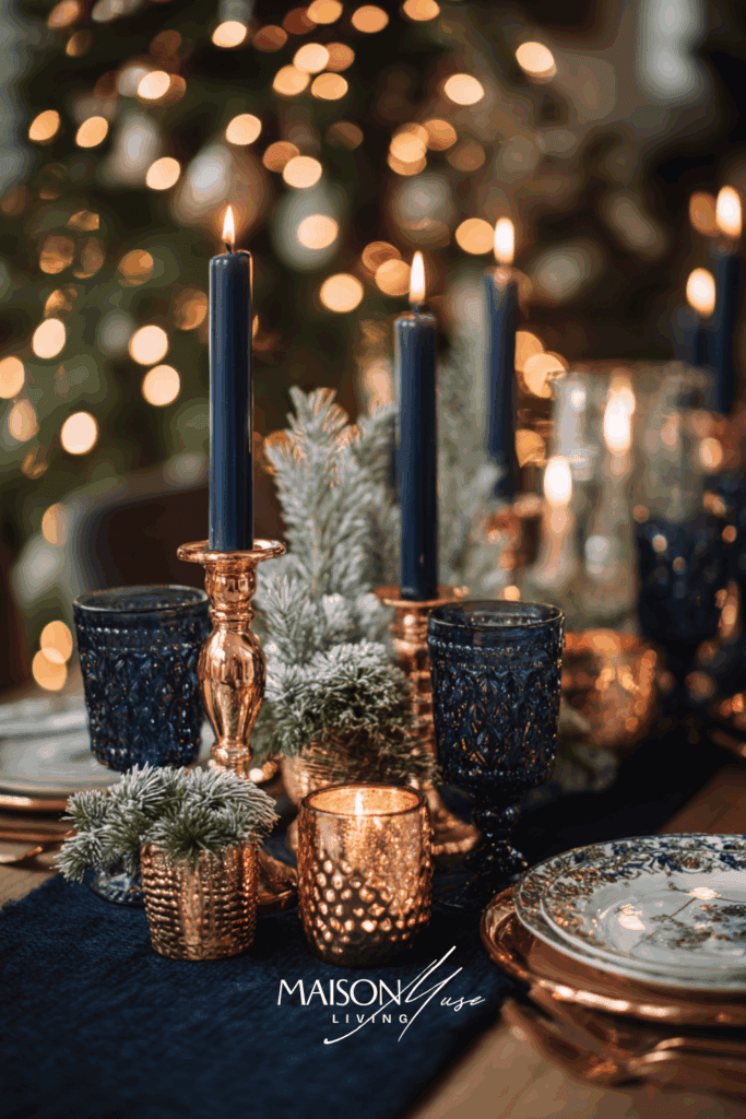 Christmas tablescape with navy blue, copper candles, frosted greenery and copper dishwares