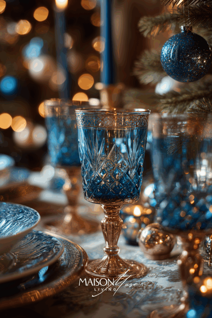 Christmas tablescape with navy blue candles, frosted greenery, copper vases