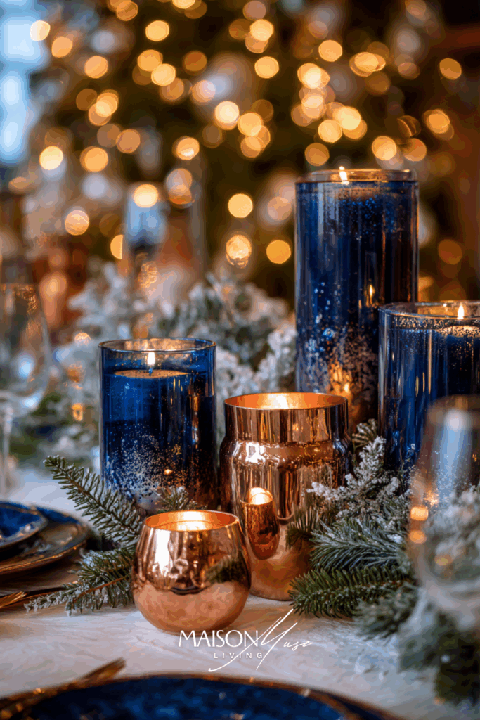Christmas tablescape with navy blue, copper candle holders and frosted greenery