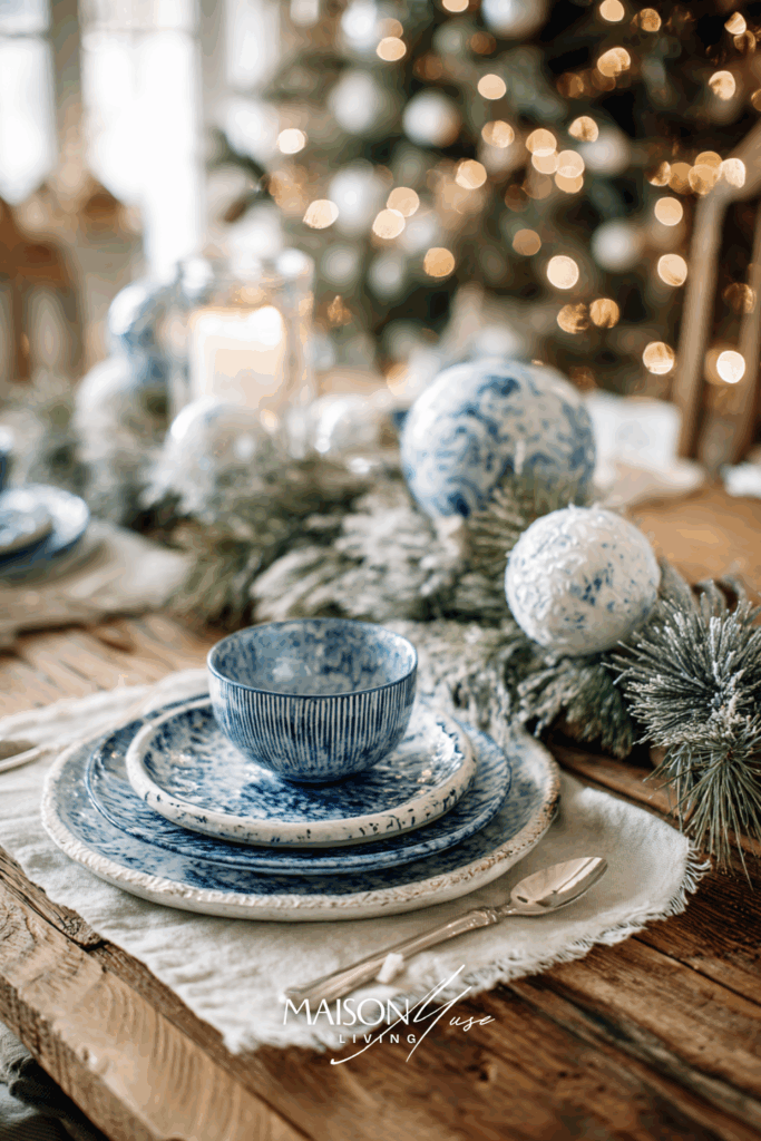 Winter holiday dining table with blue tableware, pine sprigs and frosted ornaments