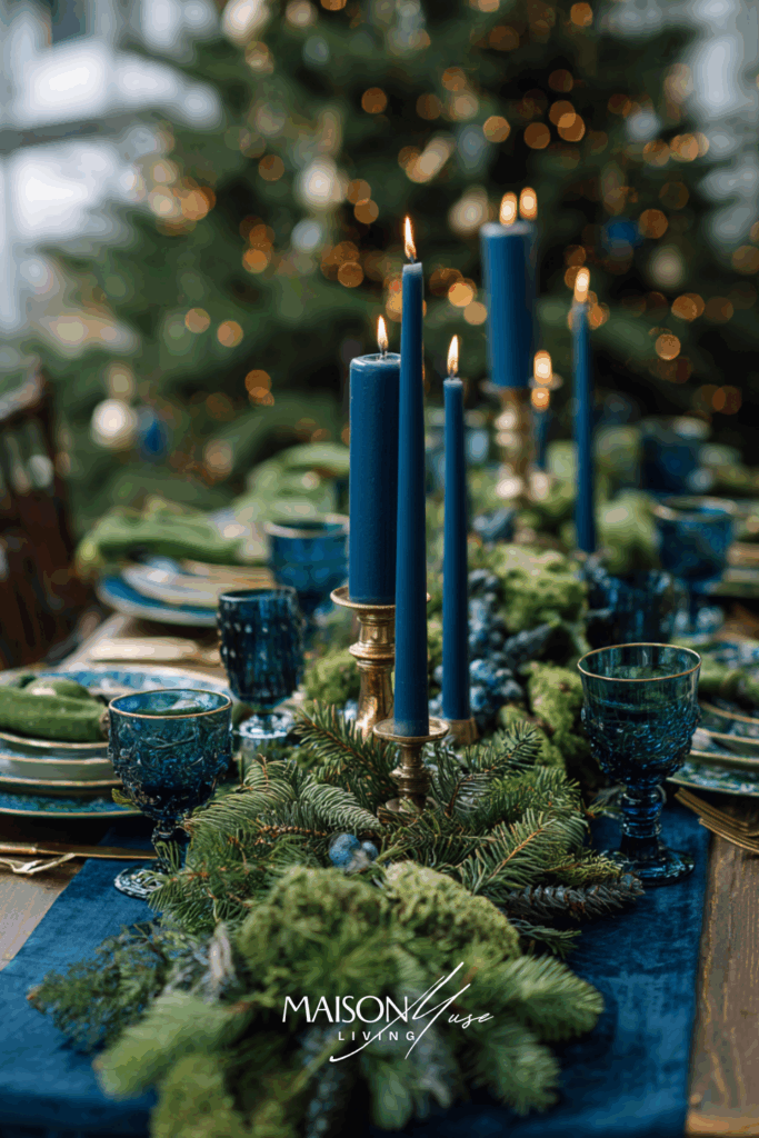 Christmas tablescape in deep blue and forest green color palette with pine branches, evergreen garland and navy blue candles
