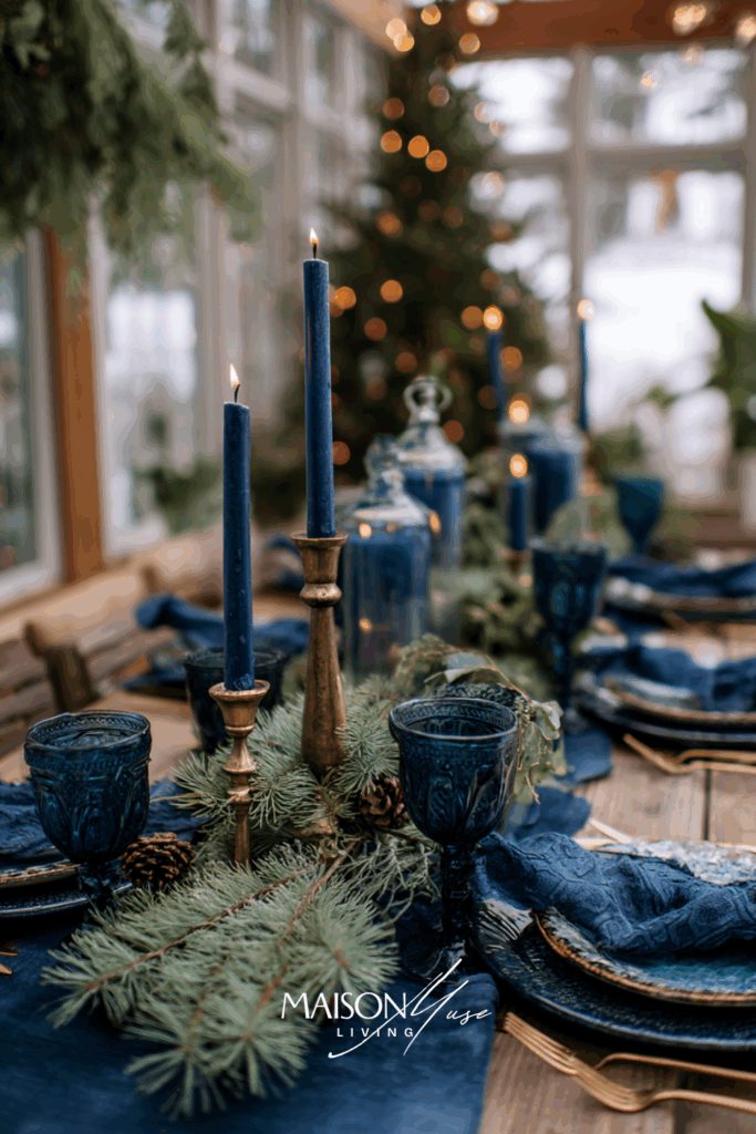 Christmas tablescape with pine branches, evergreen garland and navy blue candles