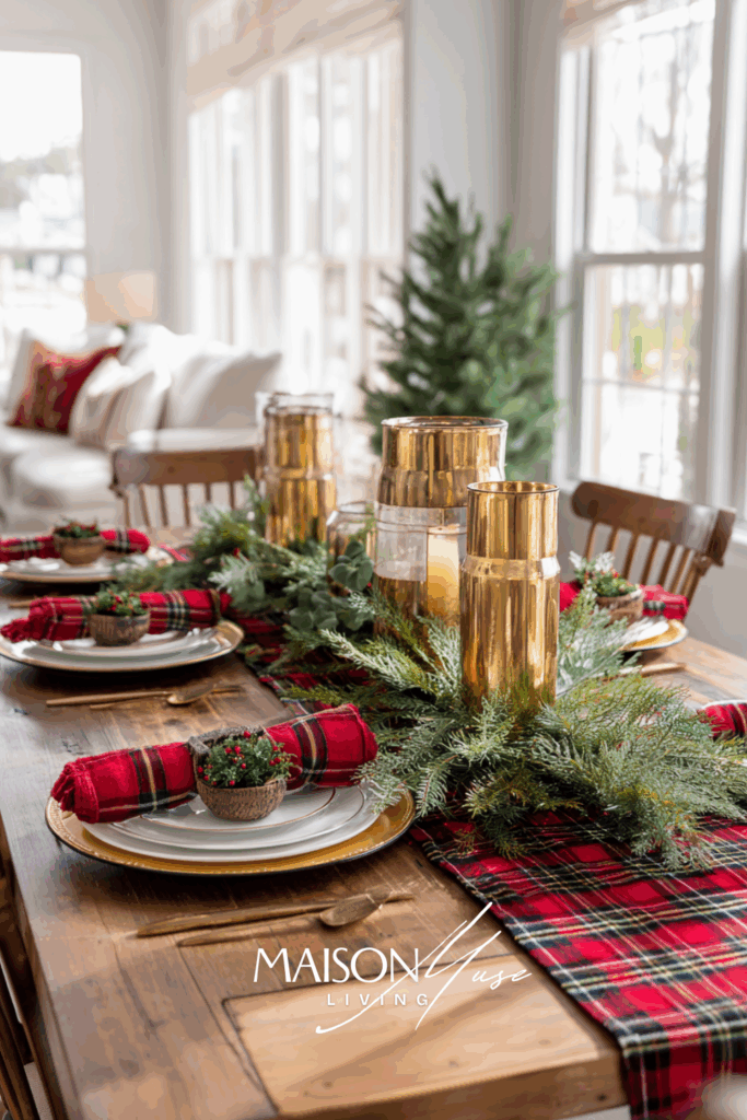 Christmas dining table with red and green holiday accents, plaid runner, evergreen branches, golden candleholders