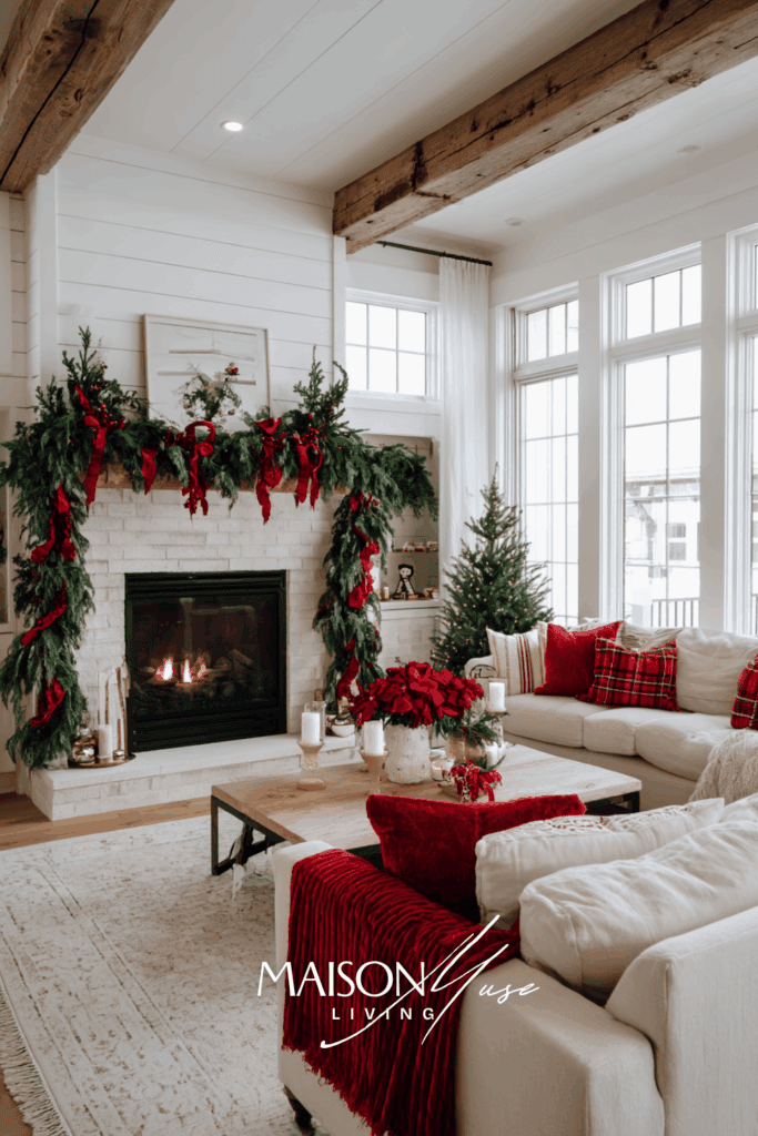 Cozy farmhouse living room decorated with classic red and green Christmas colors, lush garlands, red velvet ribbons