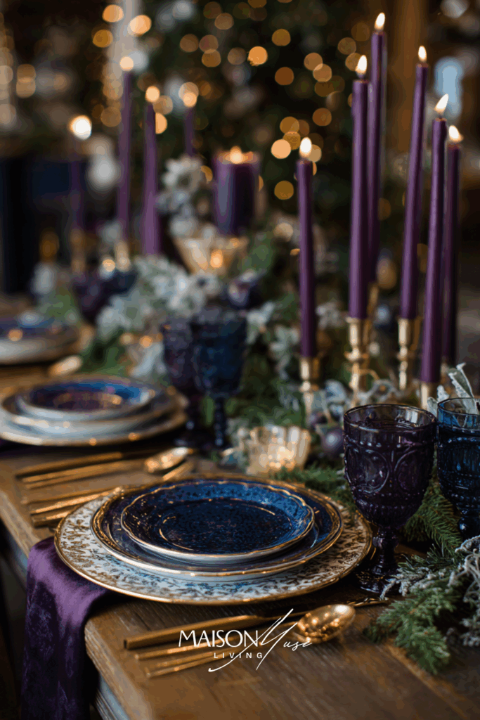 Christmas table setting with gold cutlery, purple candles, frosted greenery