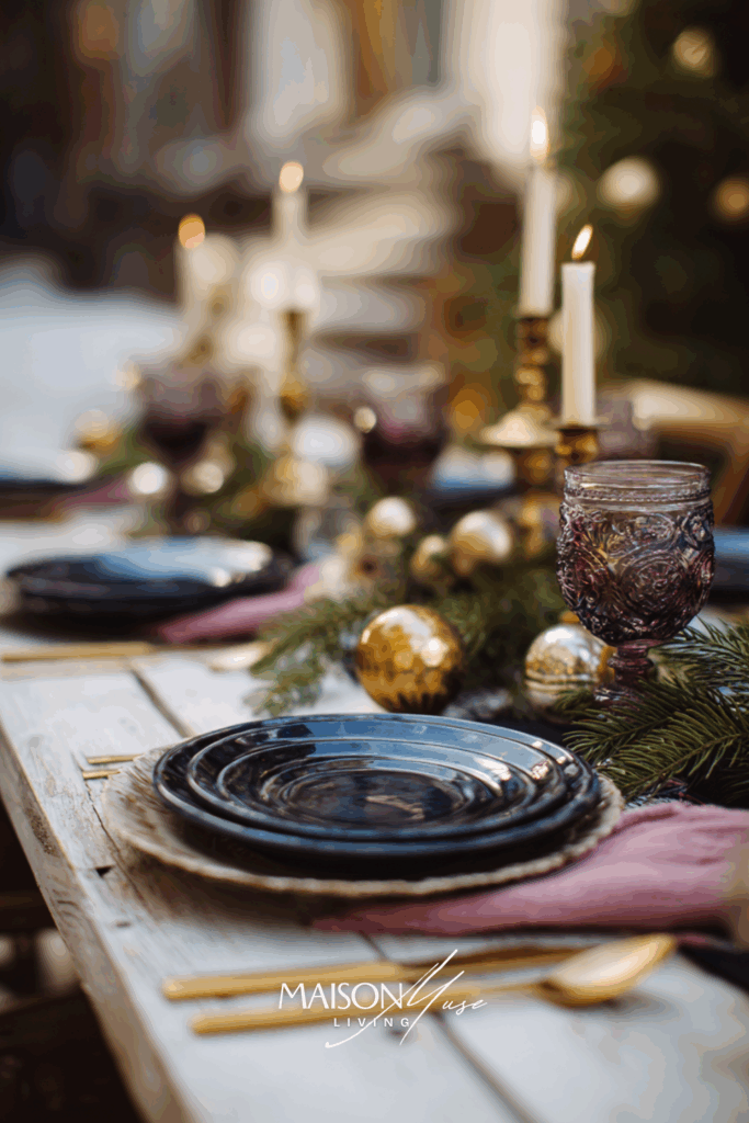 Christmas table setting with gold cutlery, purple candles, frosted greenery and navy blue dishware