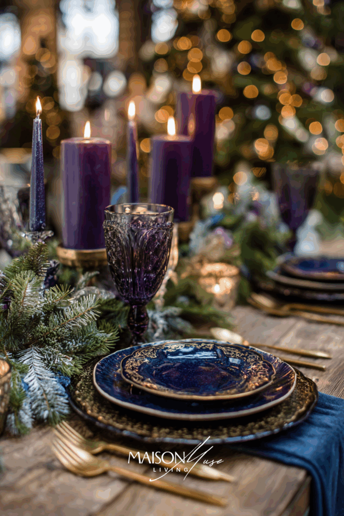 Christmas table setting in deep blue and plum color palette with gold cutlery, purple candles, frosted greenery