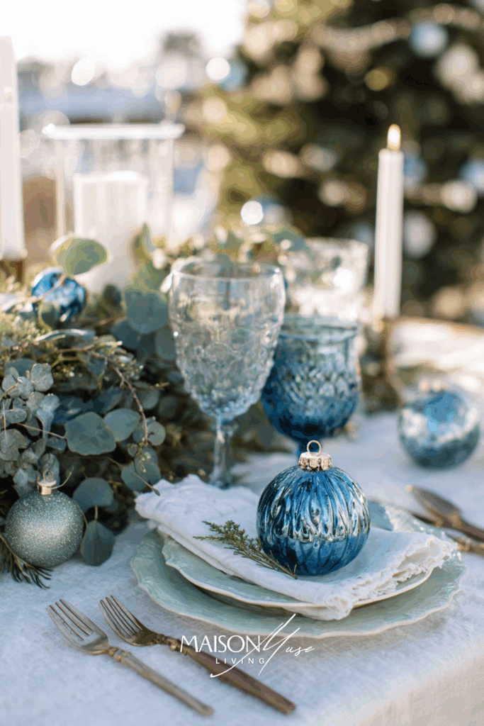 Christmas tablescape with white linen tablecloth, blue ornaments, eucalyptus and pine greenery and white candles
