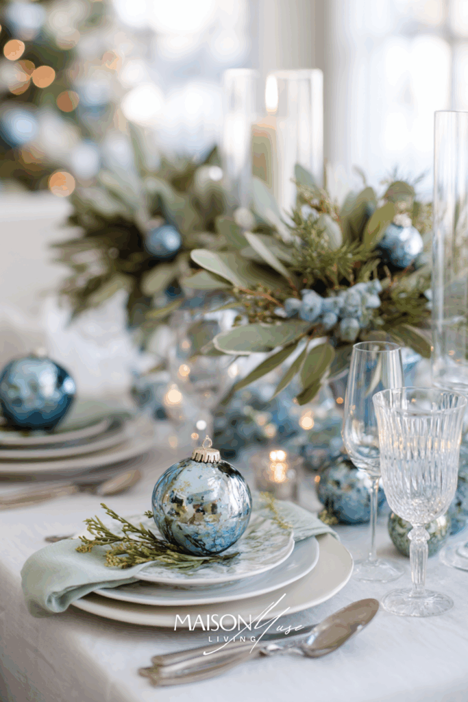 Christmas tablescape in sage green and light blue with white linen tablecloth, blue ornaments, eucalyptus and pine greenery, candles