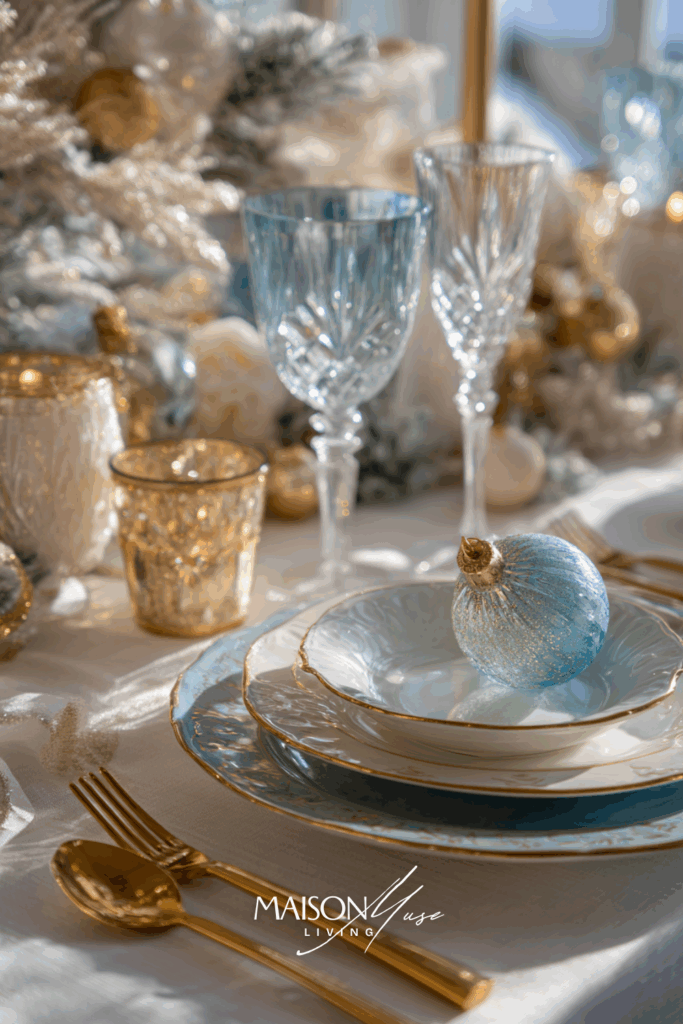 Christmas table setting with white linen, crystal glassware, frosted ornaments, gold cutlery, sparkling candles