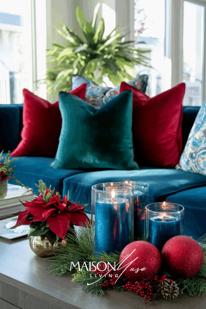 Elegant Christmas living room in jewel tones, emerald green pillows, ruby red ornaments, sapphire blue candles