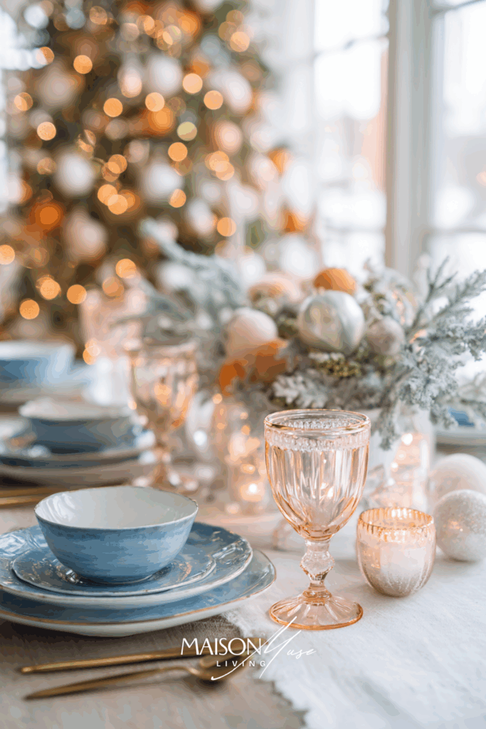 Christmas table setting in blue and soft peach with gold accents, white linen, candles, frosted ornaments