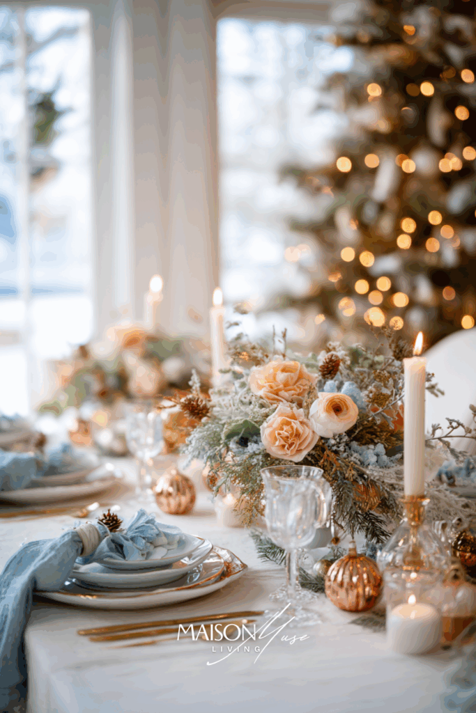 Christmas table setting in blue and soft peach with gold accents, white linen, candles, frosted ornaments and flowers