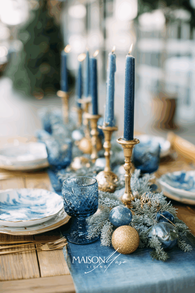 Christmas table setting with white linen, crystal glassware, frosted ornaments, gold cutlery, blue candles