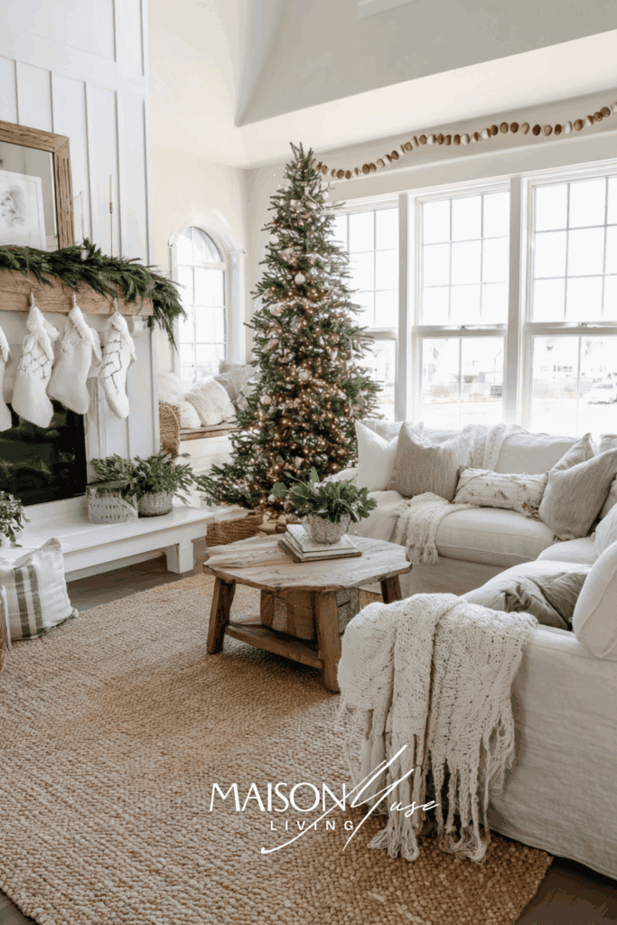 Rustic Christmas living room in neutral palette, jute tree skirt, linen stockings, wooden bead garlands, evergreen branches