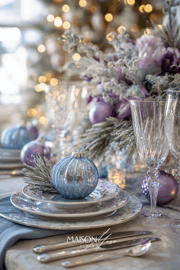 Christmas tablescape in icy blue and lavender color palette with glass ornaments, frosted pine branches, silver cutlery and crystal glassware
