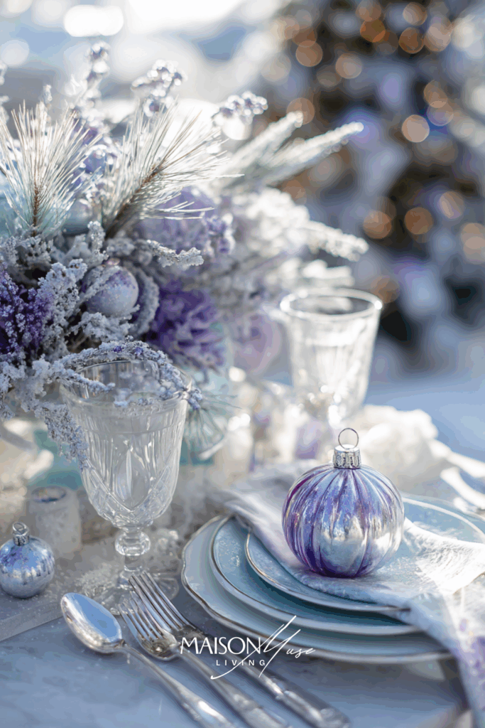 Christmas tablescape with glass ornaments, frosted pine branches, silver cutlery and crystal glassware