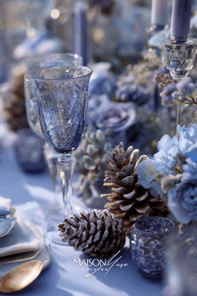 Christmas tablescape in icy blue and lavender color palette with glass ornaments, frosted pine branches, silver cutlery and lavender crystal glassware