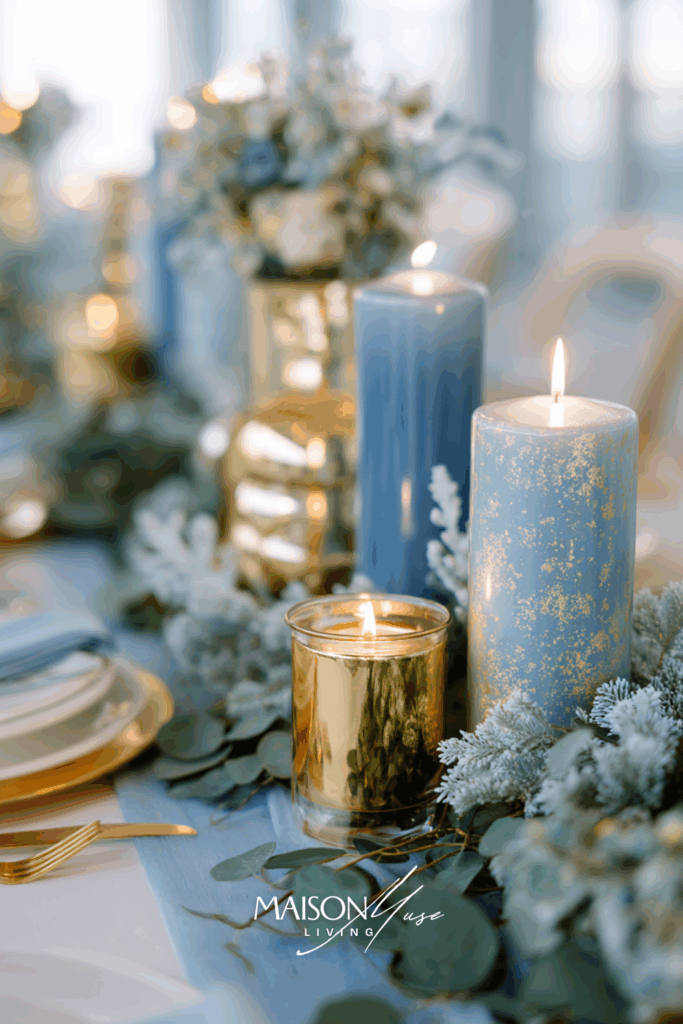 Christmas table setting with white linen, crystal glassware, frosted ornaments, gold cutlery, sparkling blue gold candles
