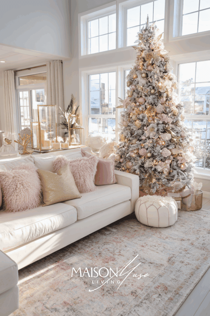 Romantic Christmas living room with Christmas tree decorated in blush and champagne ornaments, blush ribbon