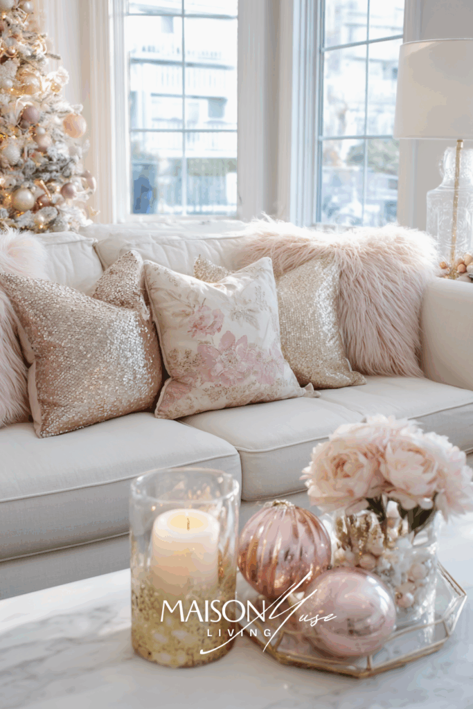 Christmas living room with blush and champagne palette, blush ornaments, champagne pillows, golden candlelight
