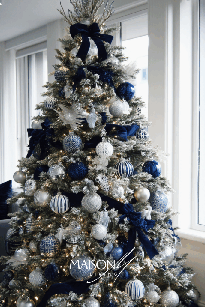 Elegant navy and silver Christmas tree, silver baubles, navy velvet ribbon