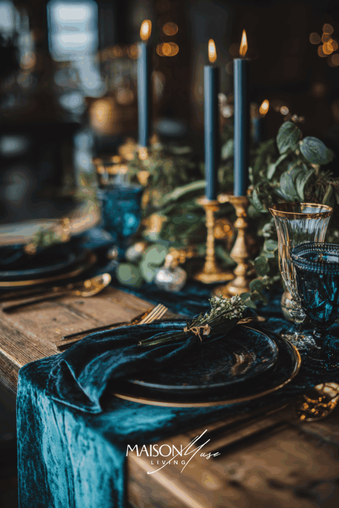 Christmas dinner setting with midnight blue velvet table runner, gold accents, dark wood table