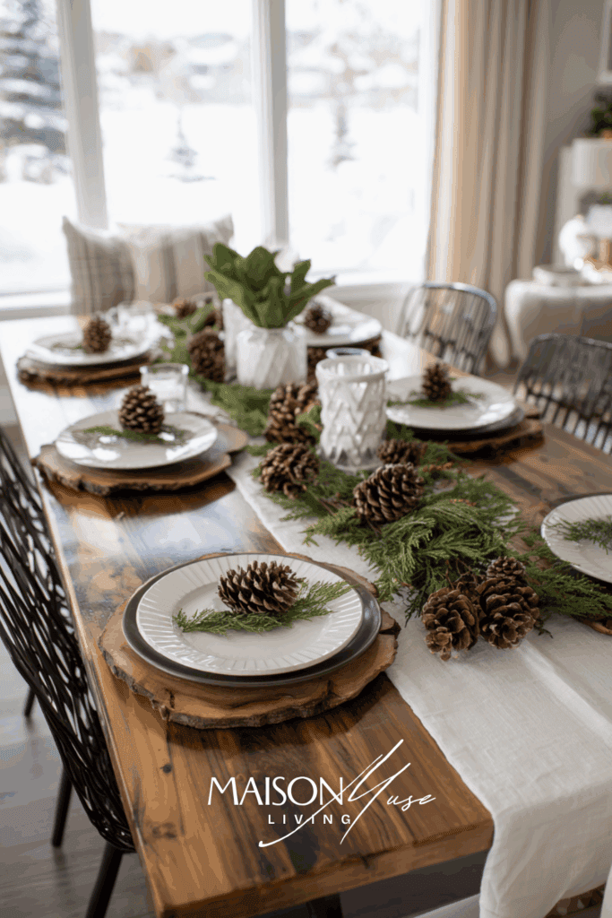 Scandinavian-inspired Christmas dining table in green and wood tones, natural linens, pinecones, forest green ceramic plates