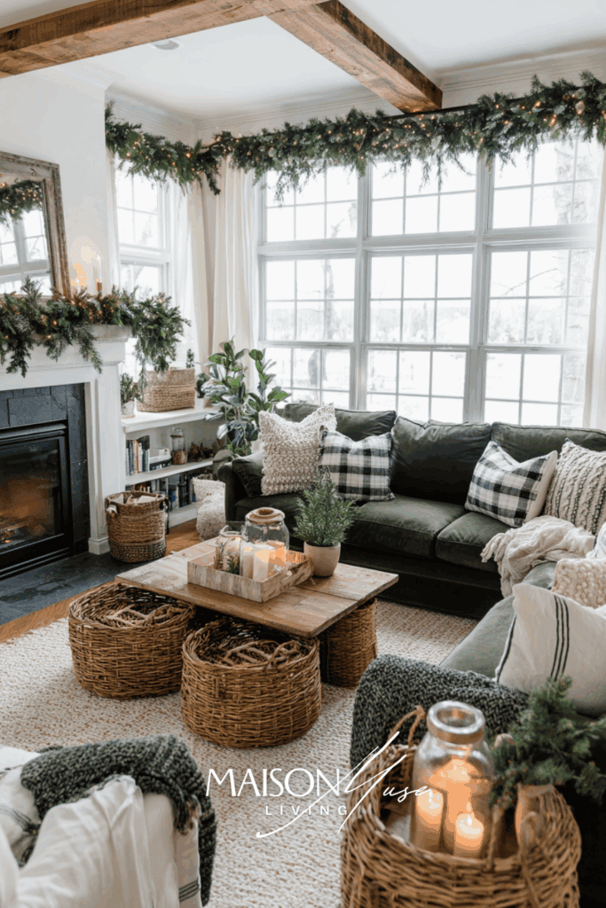 Christmas living room with forest green and natural wood accents, wicker baskets, pine garlands