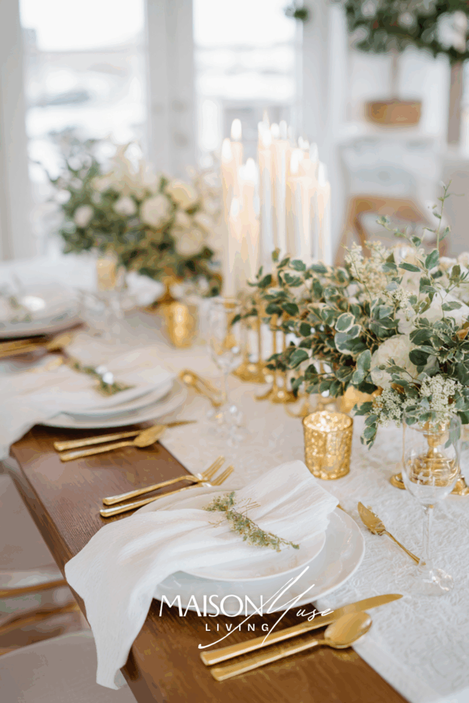 Elegant Christmas table setting with white and gold accents, gold cutlery, white linens, golden candles
