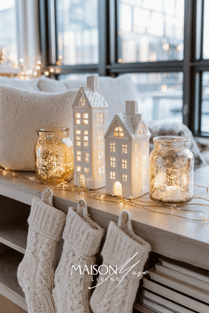 Christmas living room in white and gold, golden fairy lights, white knit stockings, ceramic houses, glowing candles