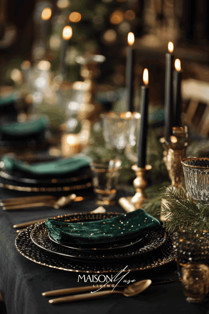 Christmas dinner setting with emerald green velvet table runner, gold accents, dark wood table,