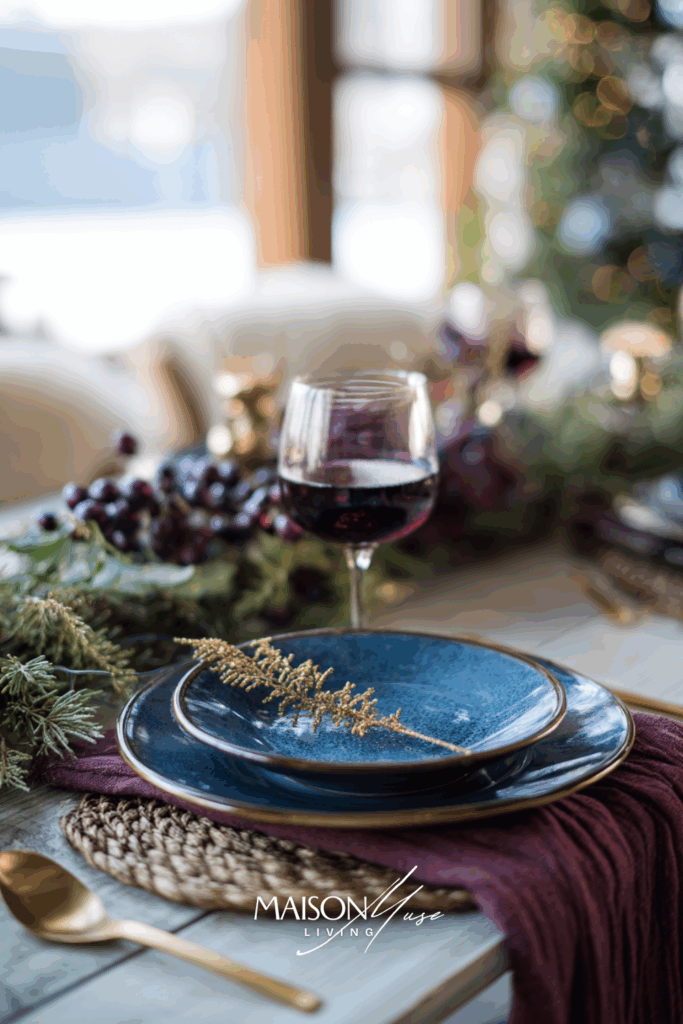 Christmas tablescape with blue and mulberry rose elements on the table, purple velvet napkins, gold cutlery and frosted greenery