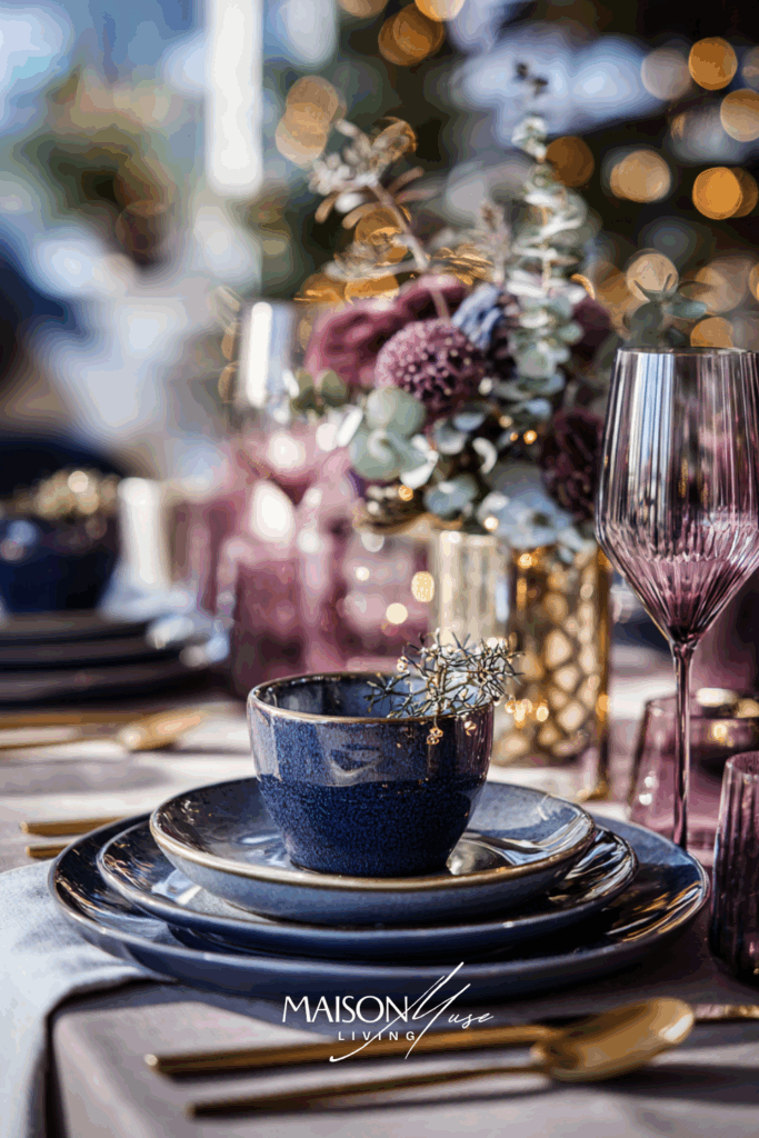 Christmas tablescape with blue and mulberry rose elements on the table, velvet napkins, gold cutlery, gold candle holders and frosted greenery