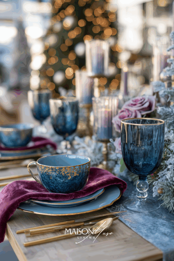 Christmas tablescape with blue and mulberry rose elements on the table, velvet napkins, gold cutlery, candles and frosted greenery