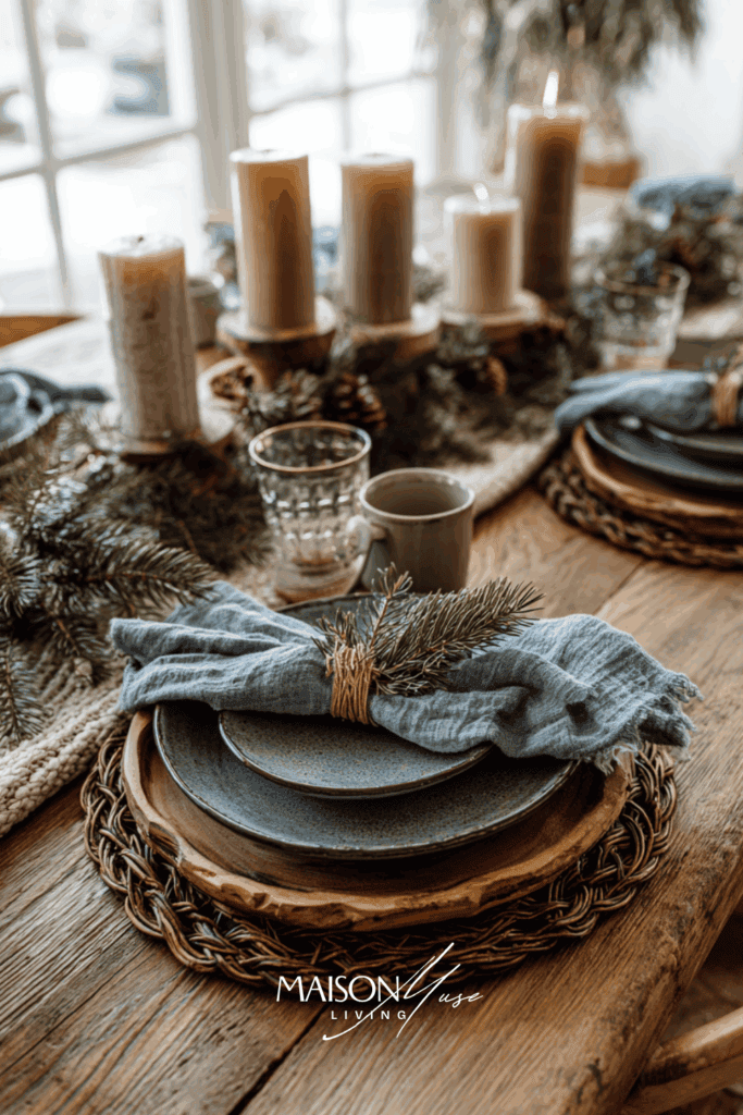 Christmas table setting, blue and clay taupe colored ceramic plates, linen napkins, wood and rattan textures, candles, evergreen sprigs