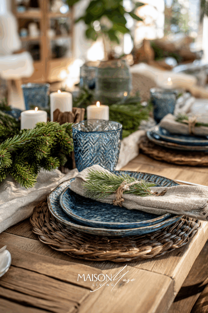 Christmas table setting with blue and clay taupe colored ceramic plates, linen napkins, wood and rattan textures, candles and evergreen sprigs