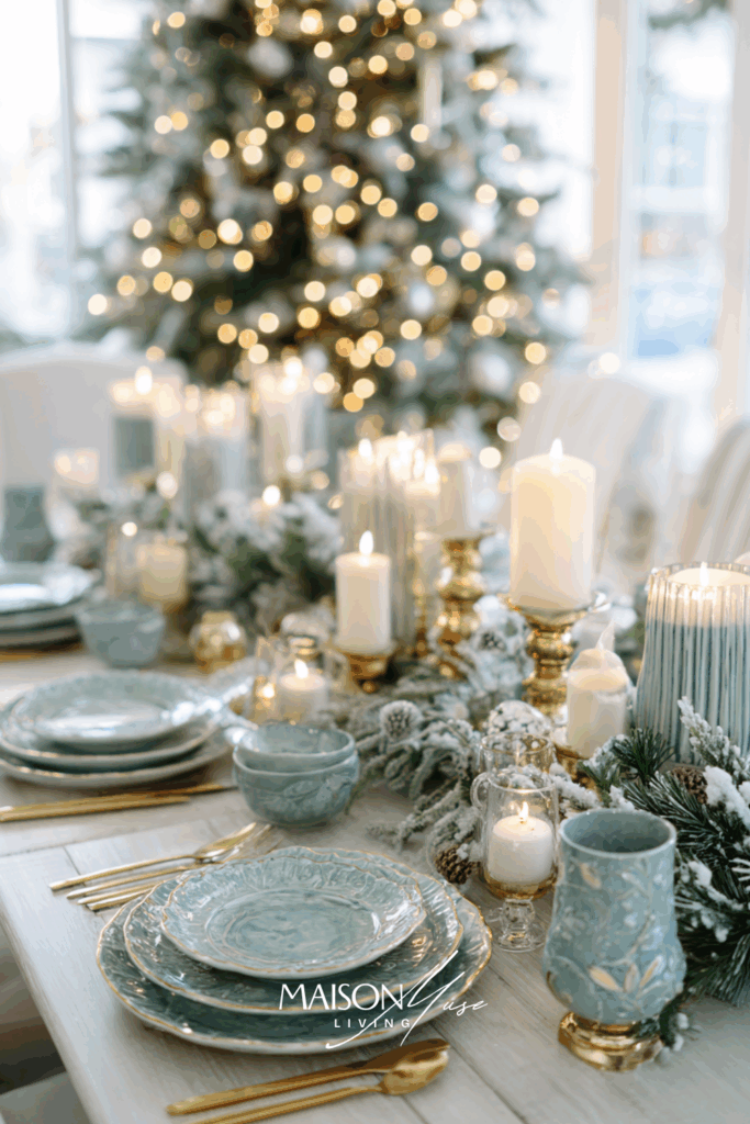 Christmas tablescape in powder blue and buttercream with gold flatware, candles and frosted greenery