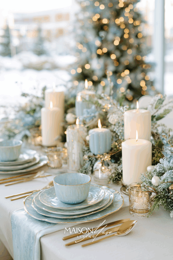Christmas tablescape in powder blue and buttercream with gold flatware, ivory candles and frosted greenery