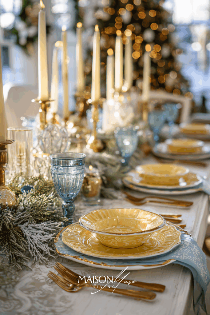Christmas tablescape in powder blue and buttercream with gold flatware, white candles and frosted greenery