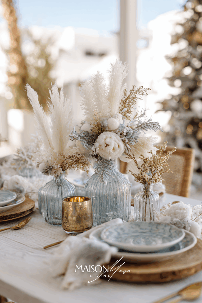 Scandinavian christmas table setting with white linen, dried flowers and frosted ornaments
