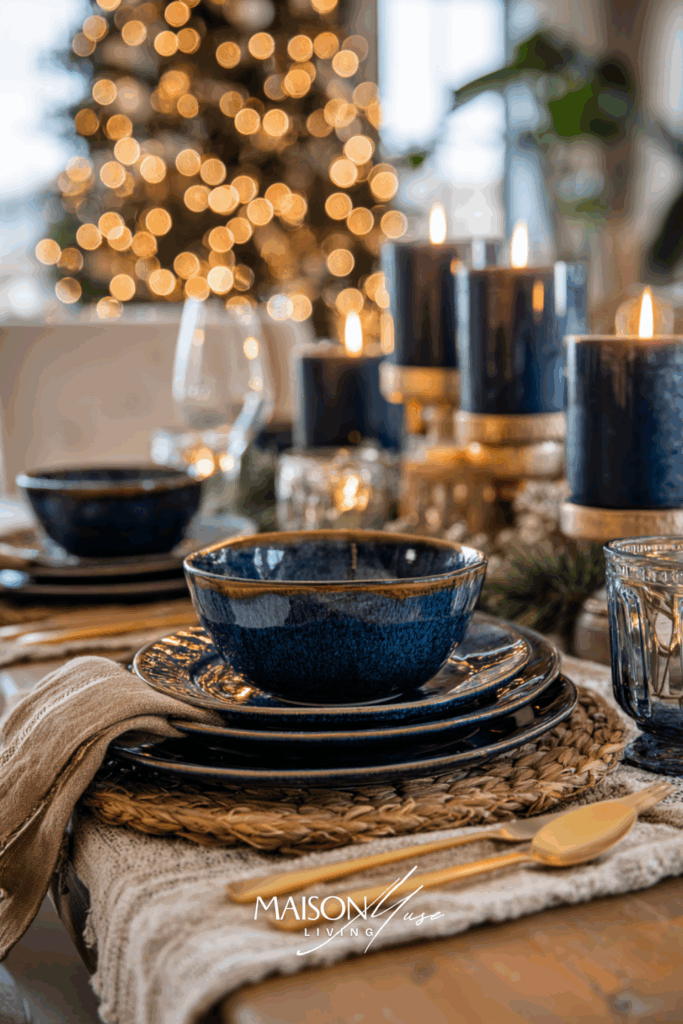 Blue and mocha velvet christmas table setting with navy dinnerware, mocha colored linen napkins, gold flatware and glowing candles