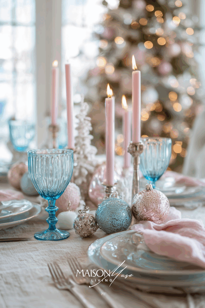 christmas table setting with soft linen tablecloth, pink candles, blue glassware, frosted ornaments