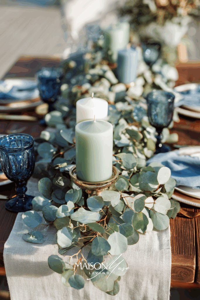 Christmas table setting with blue and olive green colored elements on the table, linen runner, eucalyptus garland and candles