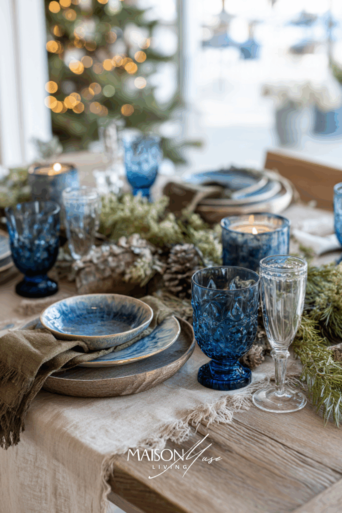 Christmas table setting with blue and olive green colored elements on the table, linen runner and blue tableware