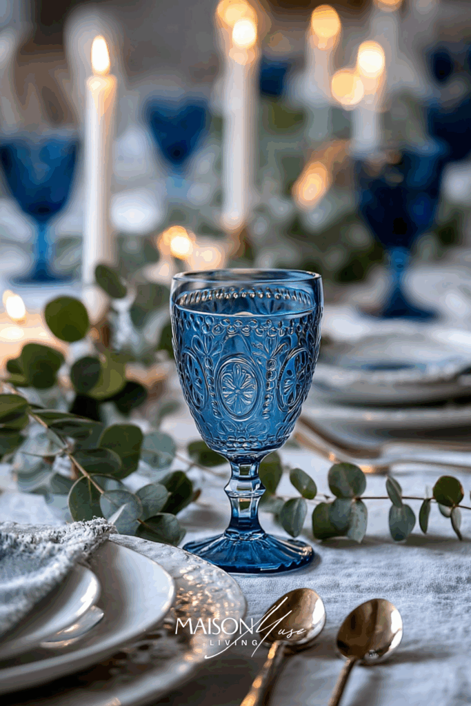 Blue glass goblets and gold flatware on a holiday table with natural daylight