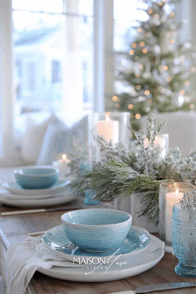 Modern christmas table with soft blue and white colored elements on the table, candles and frosted greenery